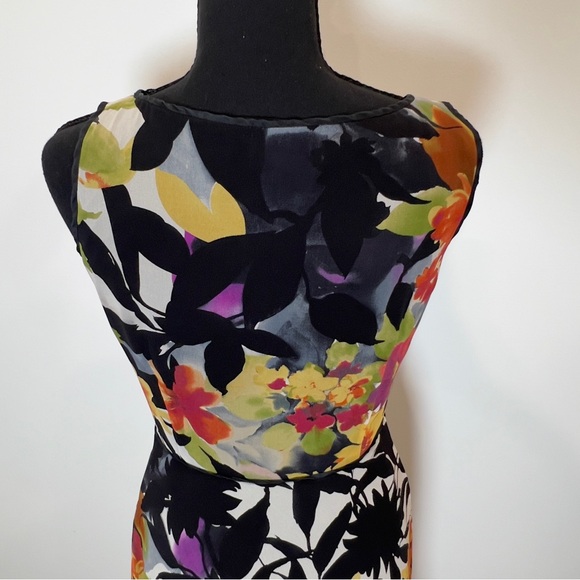 Adrianna Papell Vibrant Black and Floral Silk Midi Dress Size 4 Petite - Picture 10 of 13